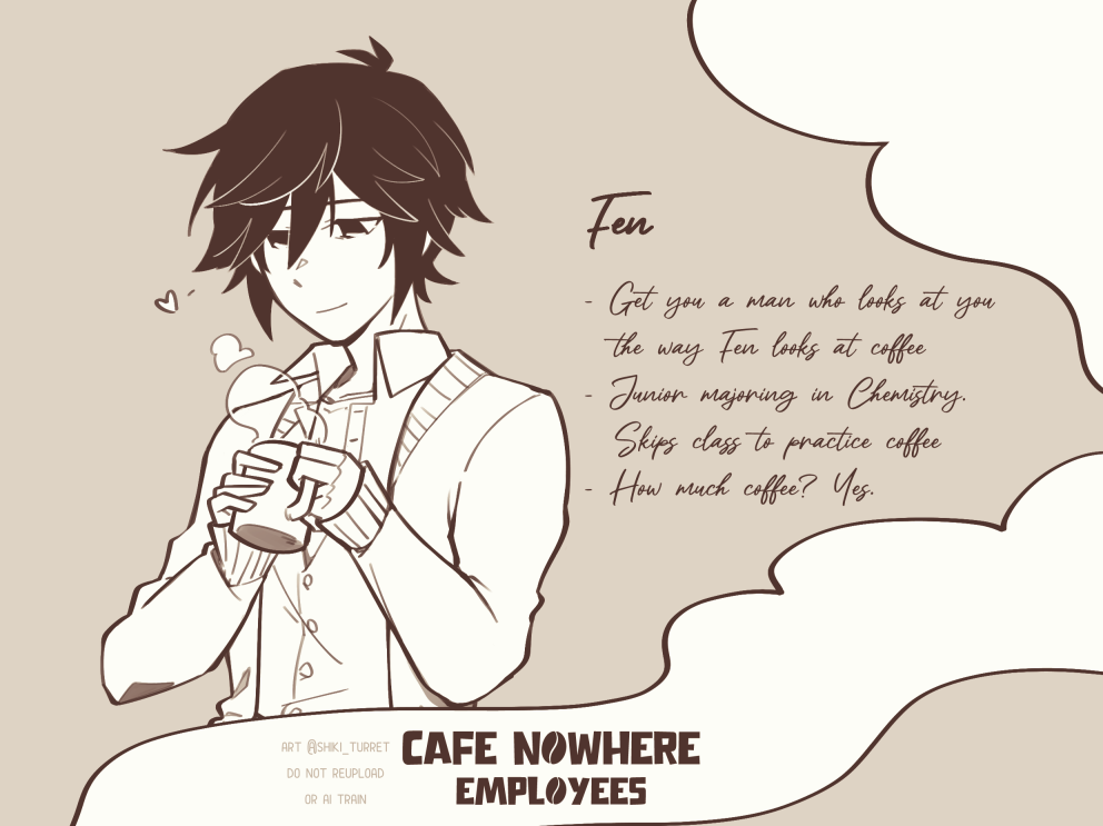 Cafe Nowhere Fen smiling faintly at a cup of coffee.