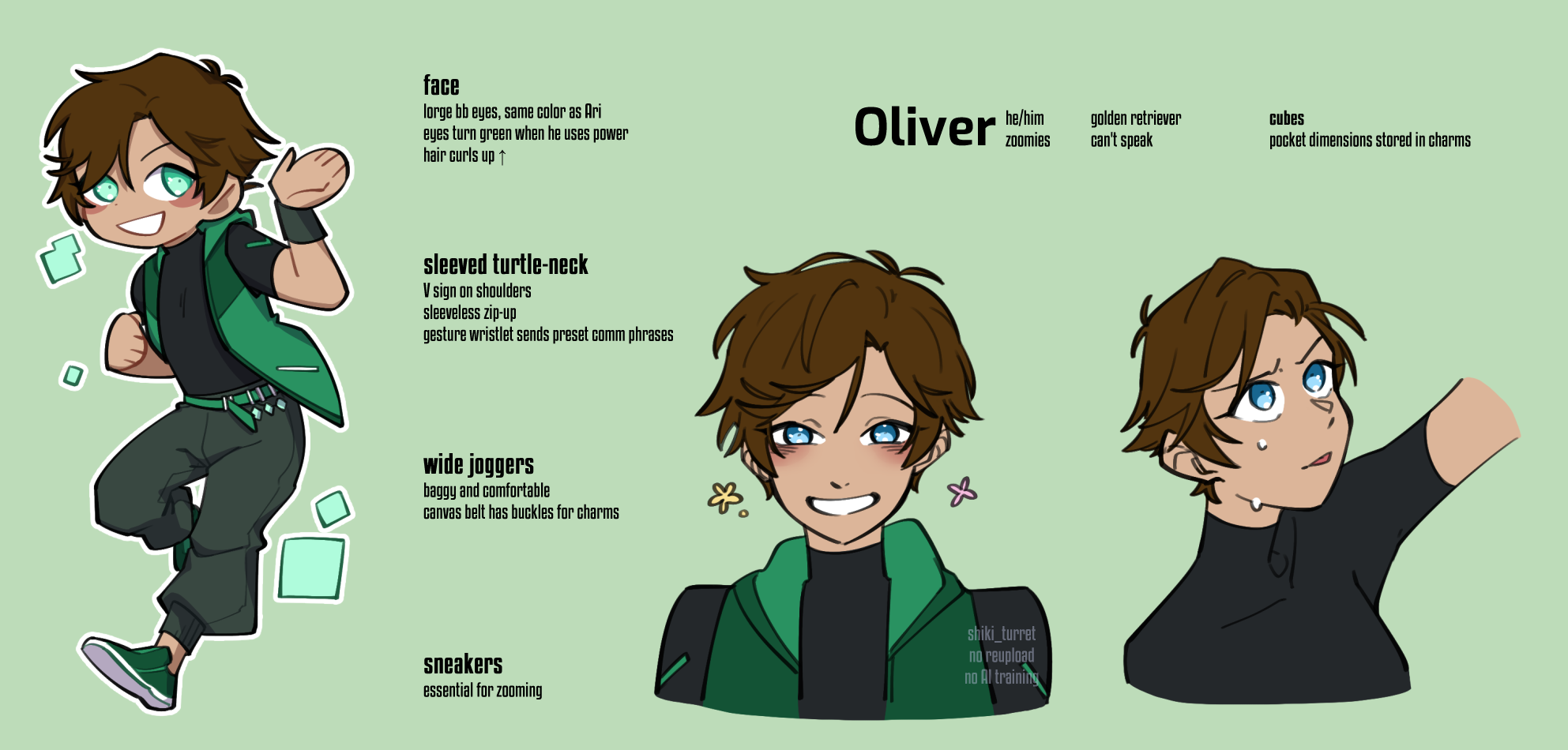 Oliver's color reference. Text is included in the character profile