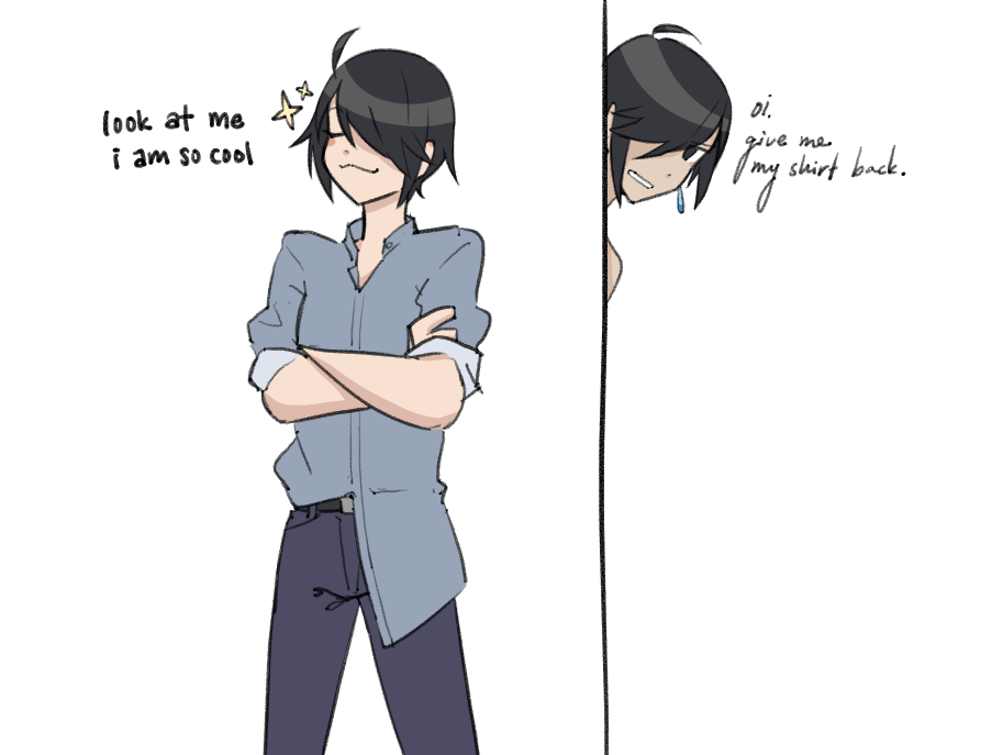 Kaia standing with her arms crossed and a smug smirk. She says, "look at me I am so cool." Kaito peeks at her from behind a wall and says, "Oi. Give me my shirt back."