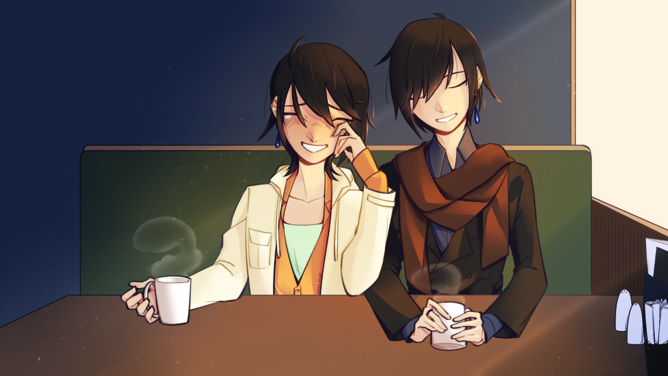 The Aozora twins sitting and laughing together at a cafe.