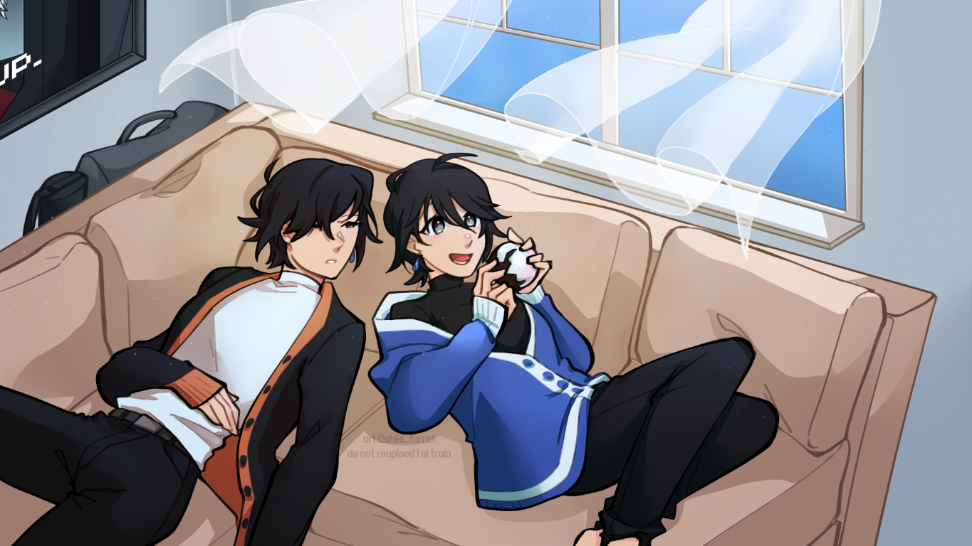 The Aozora twins relaxing on a couch under an open window. Kaia babbles to a sleepy Kaito as she fidgets with a opal crystal.