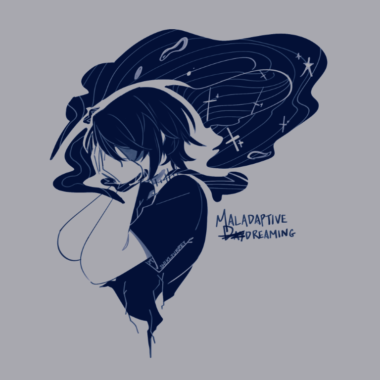 Kaia covering her face. Dark clouds swirl around her head, and the stress stitch marks have completed their loop around her neck. The text reads, maladaptive daydreaming, with day scribbled out.