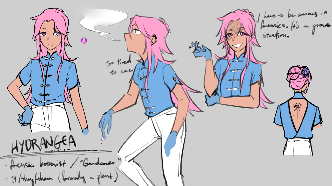 Hydrangea color reference. They smoke, and they have a spider lily tattoo on their back.