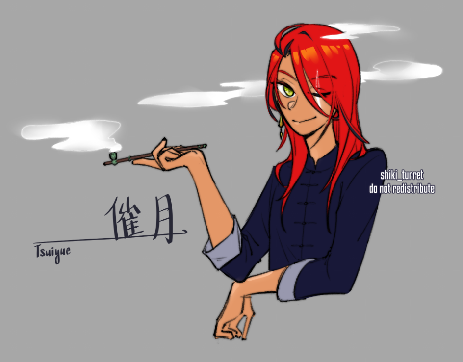 Tsuiyue color reference. They hold a traditional smoking pipe.