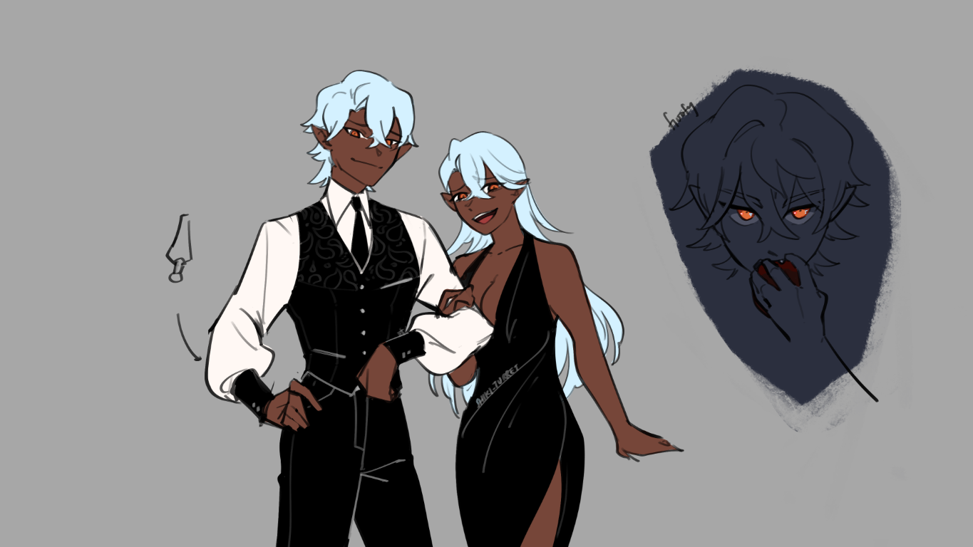 Haku in one of their male and female forms smirking at the viewer. To the right, HAKU in the dark with glowing amber eyes, taking a bite out of a red object.