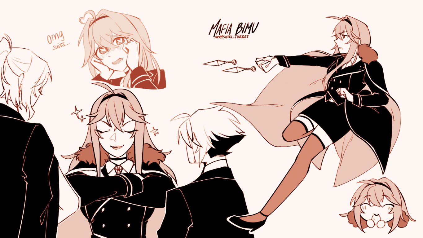 Mafia Bimu in various poses, the most notable being her acting very composed and boss-like in front of Mafia Moe and Shiki, while fangirling about suits in her head.
