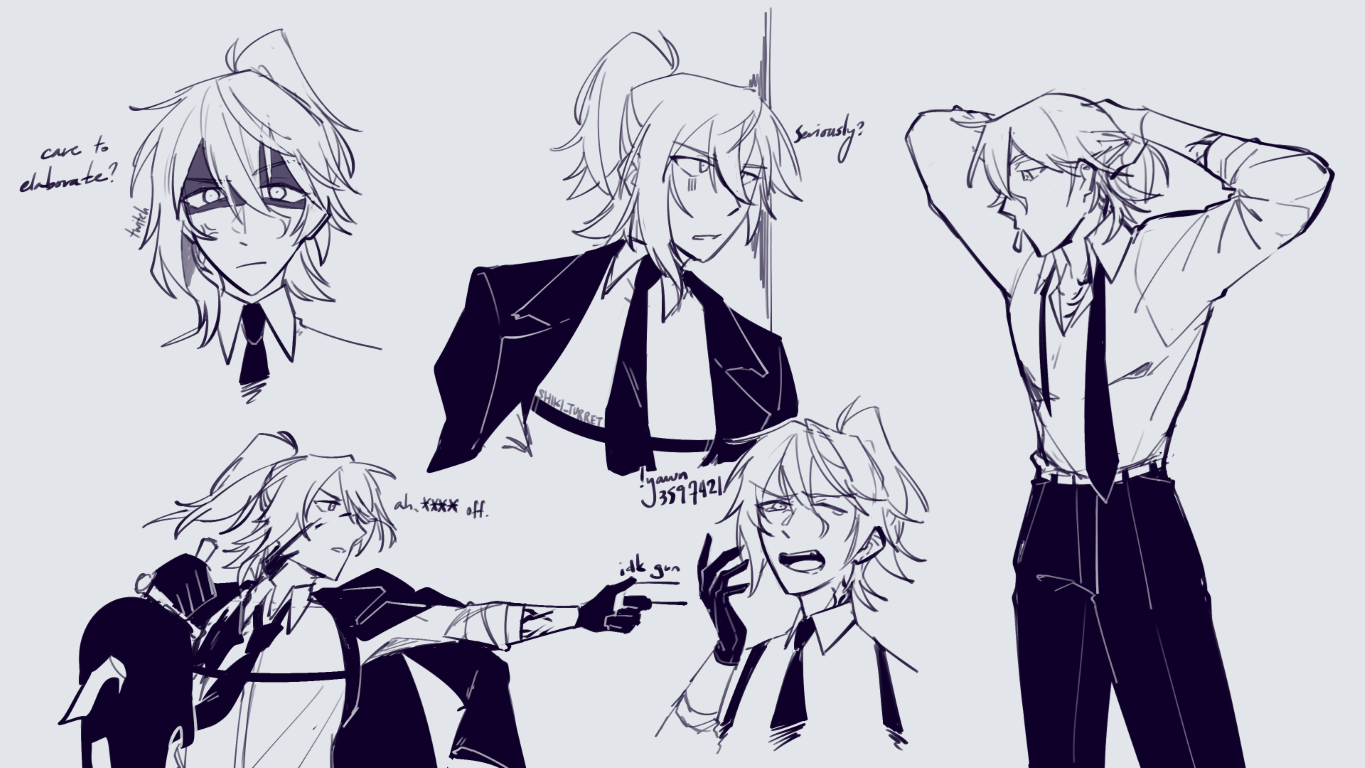 Mafia Moe in various poses, such as tying up his hair, yawning, or shooting someone off screen.