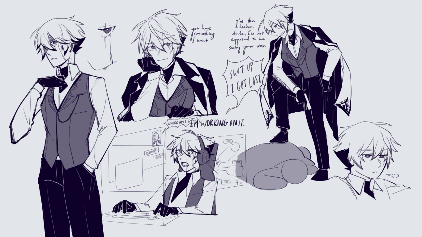 Mafia Shiki in various poses, such as smirking at the viewer with their hand on their chin, or standing with a foot on a pile of totally sleeping bodies.