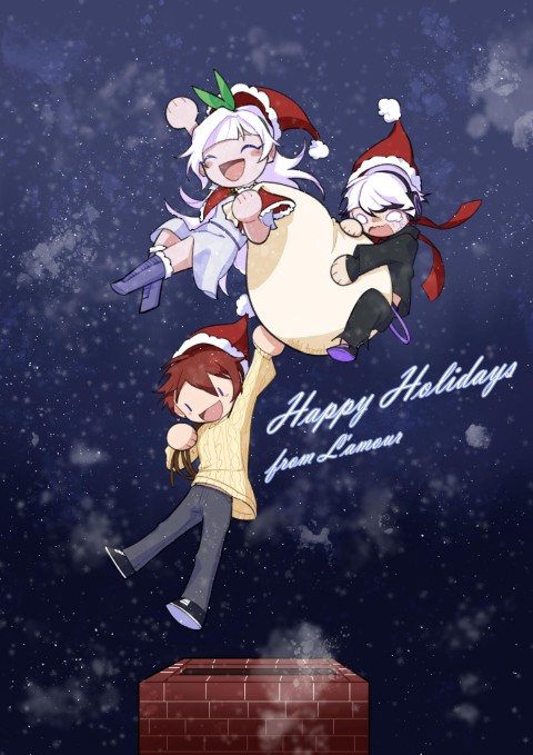 Mai, Shiki and Ren fall to land on a chimney in the snowing night. The text reads, "Happy Holidays from L'amour."