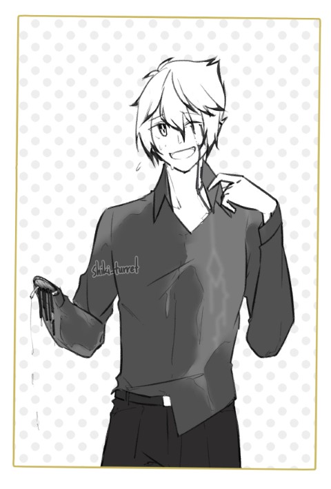 Shiki laughs sheepishly. Their shirt is soaked and their right hand is missing.
