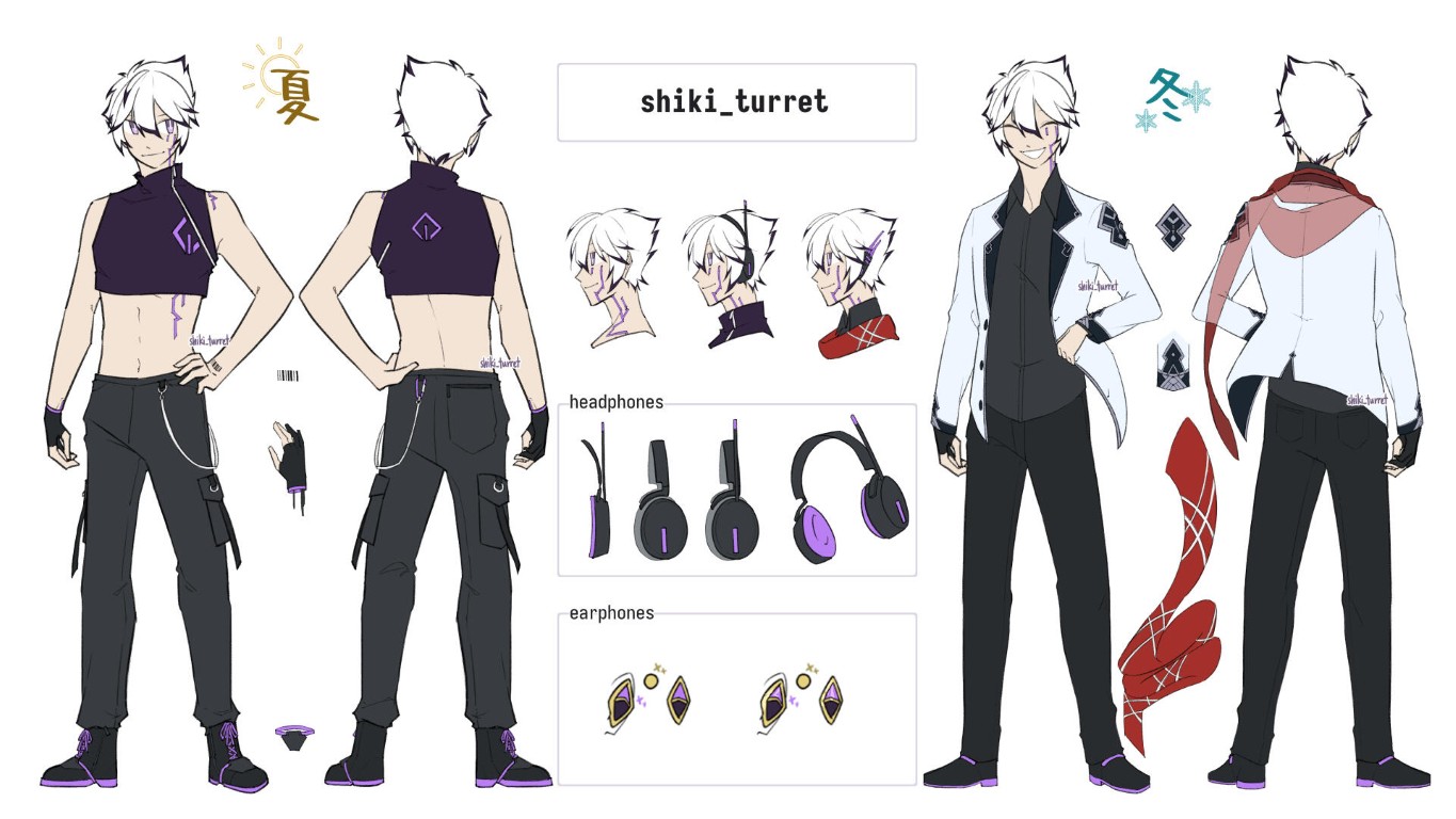 Shiki_Turret 2.0 reference sheet, separated into summer and winter outfits.