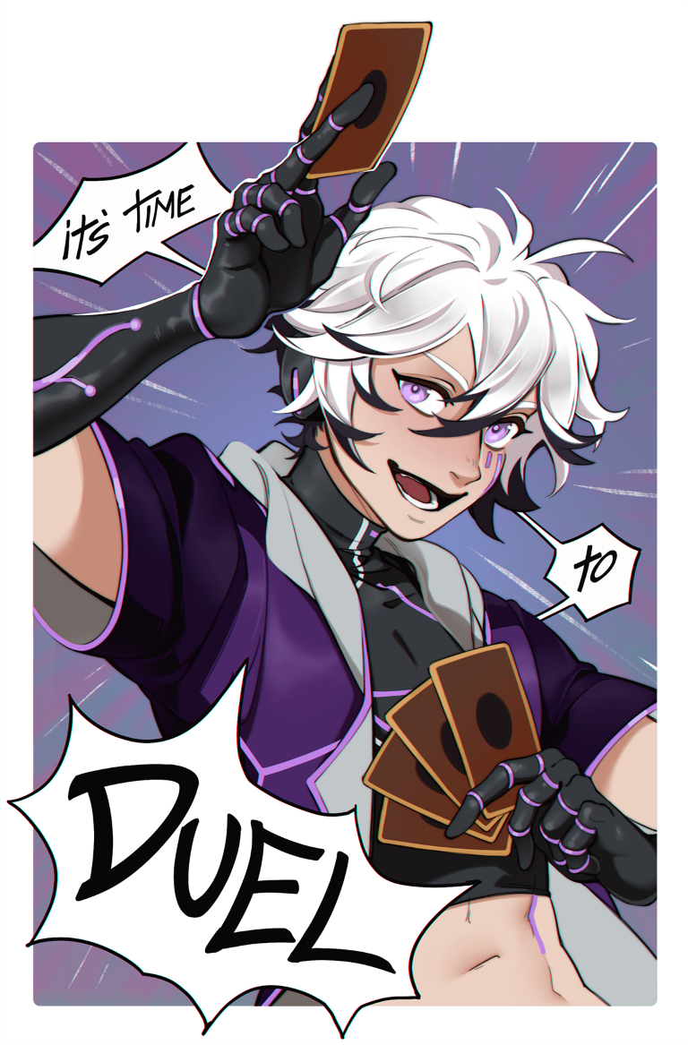 Shiki Turret holding Yugioh cards up. The text reads, it's time to duel!