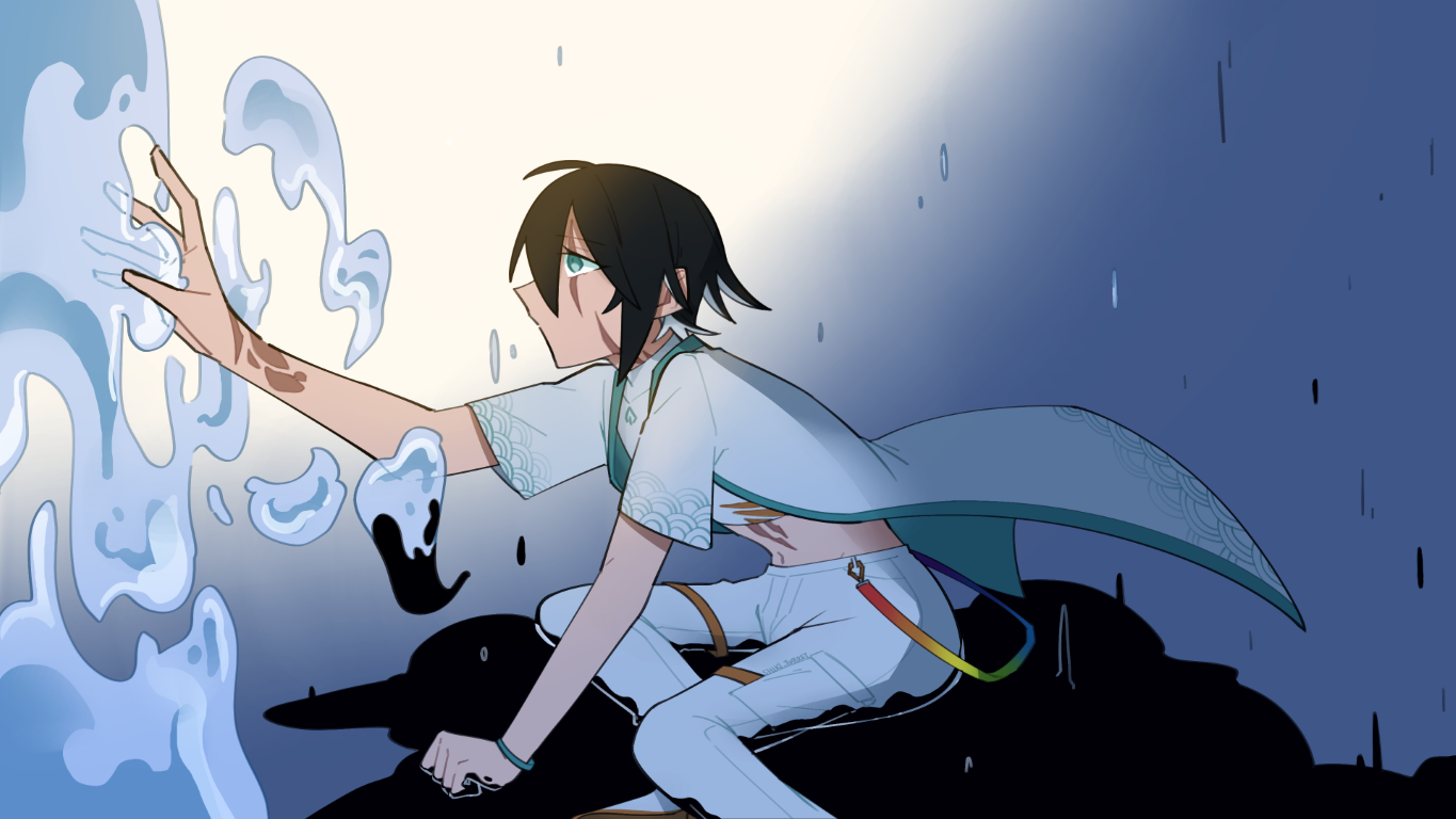 Orca Shiki sitting in a puddle of ink, reaching out to a floating puddle of water.