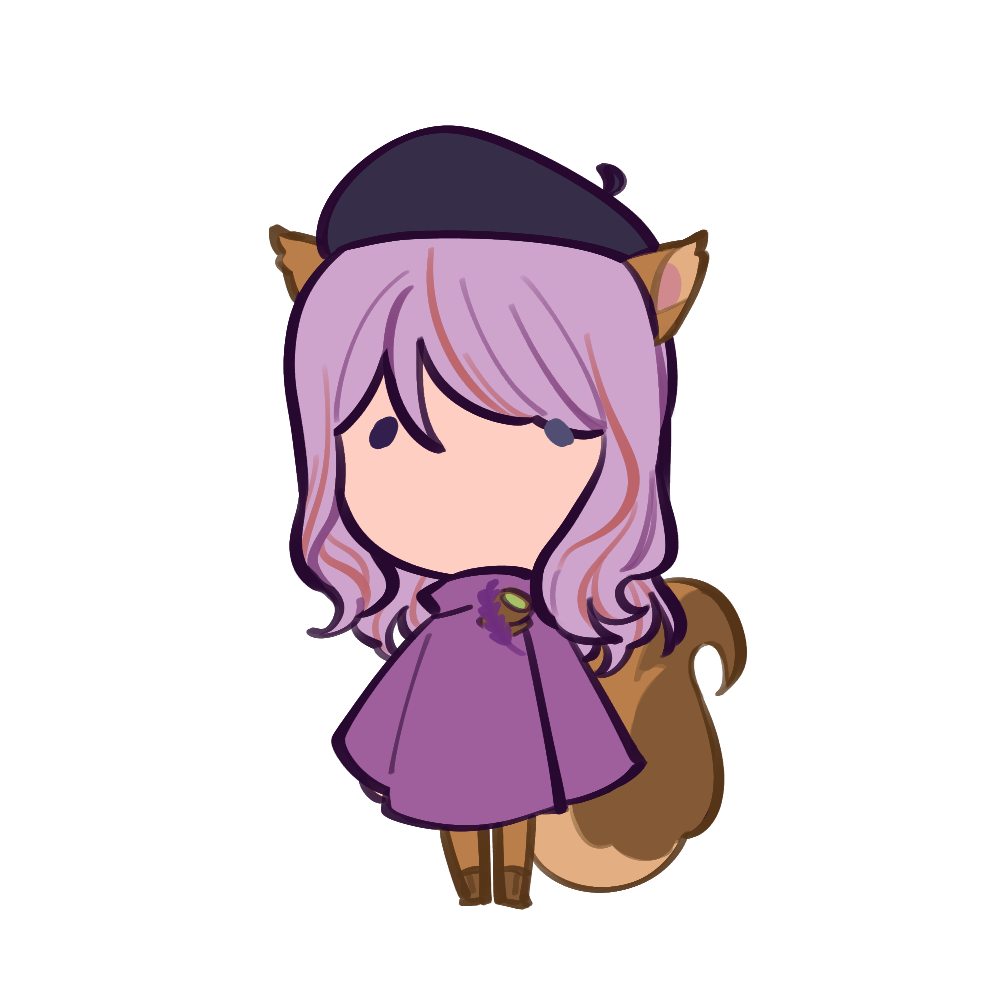 Timpani in their Bo outfit; squirrel ears and tail, a purple cape, and a matcha and lavender brooch.